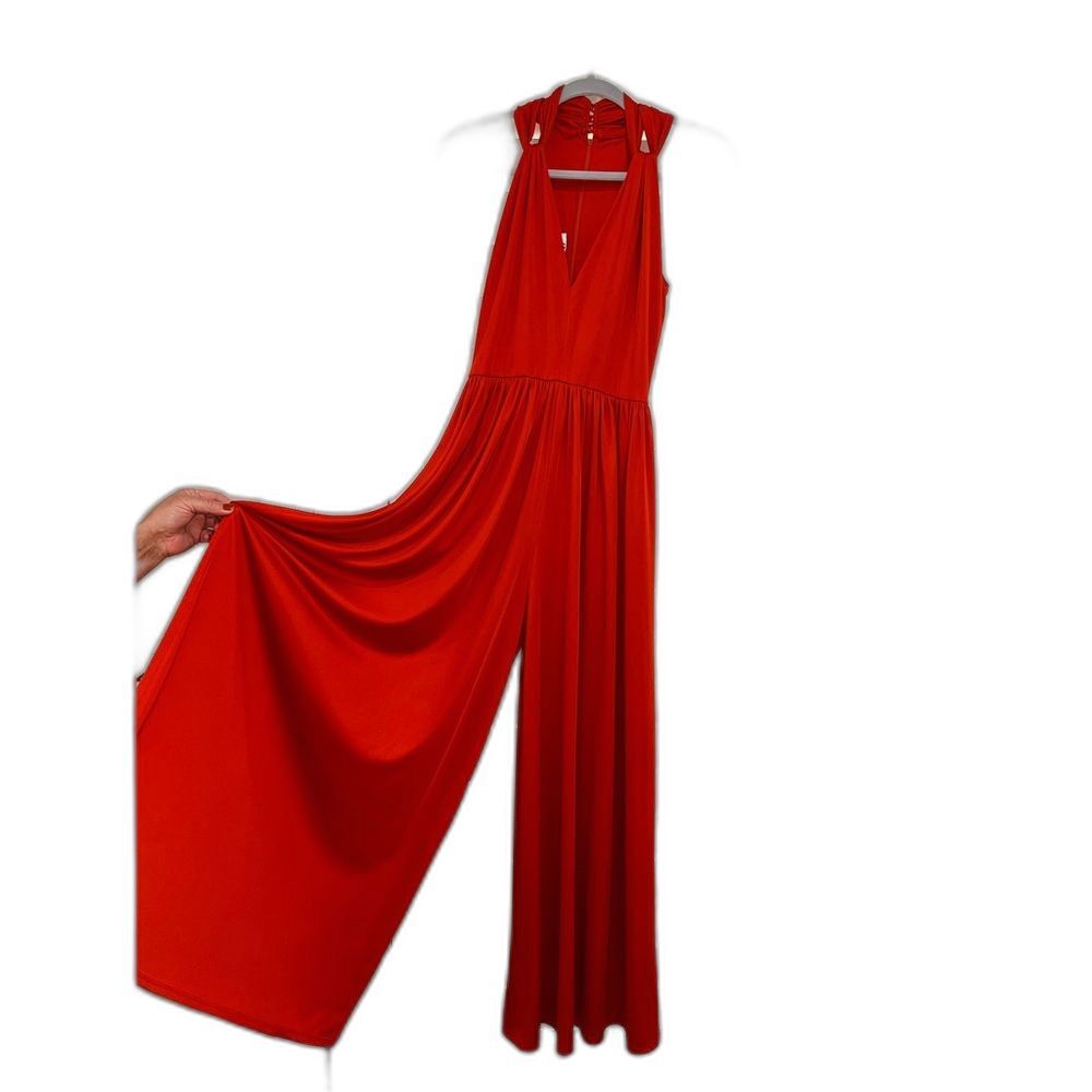 VTG 70s Donald Brooks Designer Grecian Crepe Palazzo Jumpsuit Burnt Orange USA 8